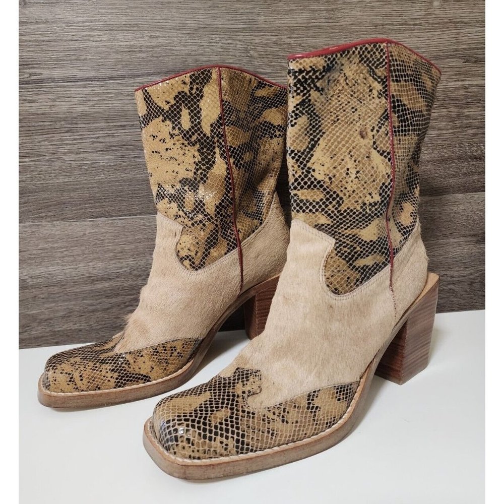 Womens Y2K Vintage Boots Wood Block Heels Size 10 Cow Hair & Snake Skin